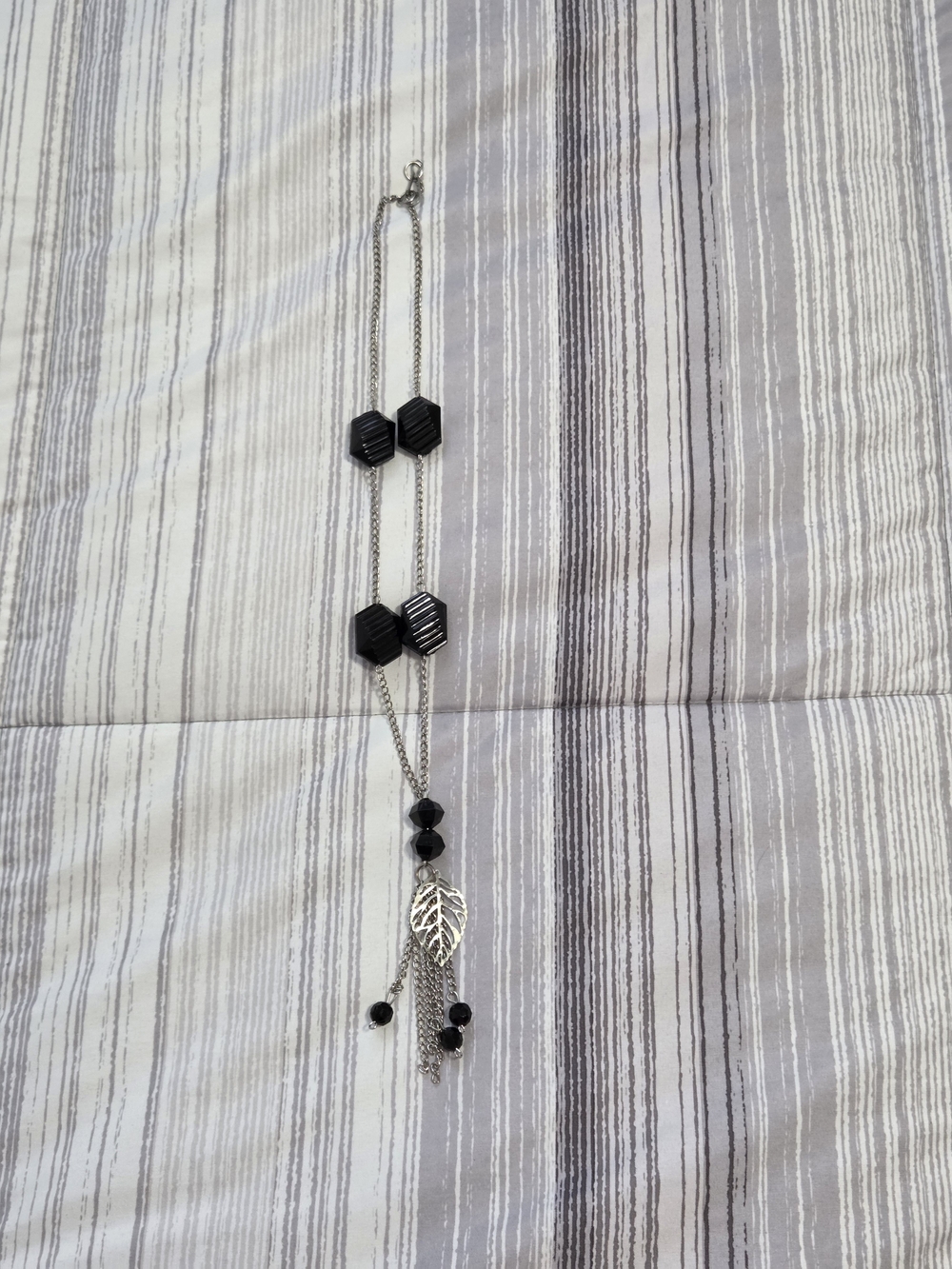 Boho Silver Filigree Leaf & Black Hexagon Tassel Necklace